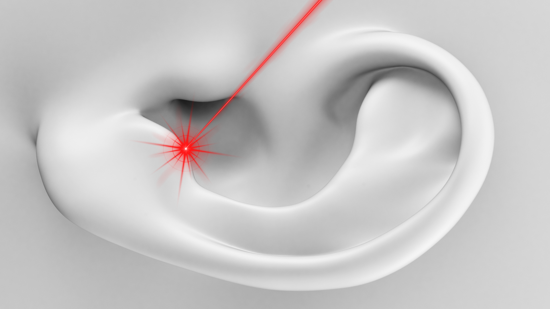 Illustration d'une oreille avec un laser doux ciblant un point auriculaire, représentant la réflexologie auriculaire dans l'accompagnement à l'arrêt du tabac.